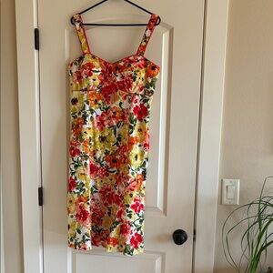 Bright Floral Midi Dress with Red and Yellow Blooms